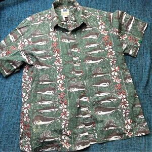 VTG Avi Collection by Kahala Hawaiian Button Up Shirt Floral Swordfish in Green